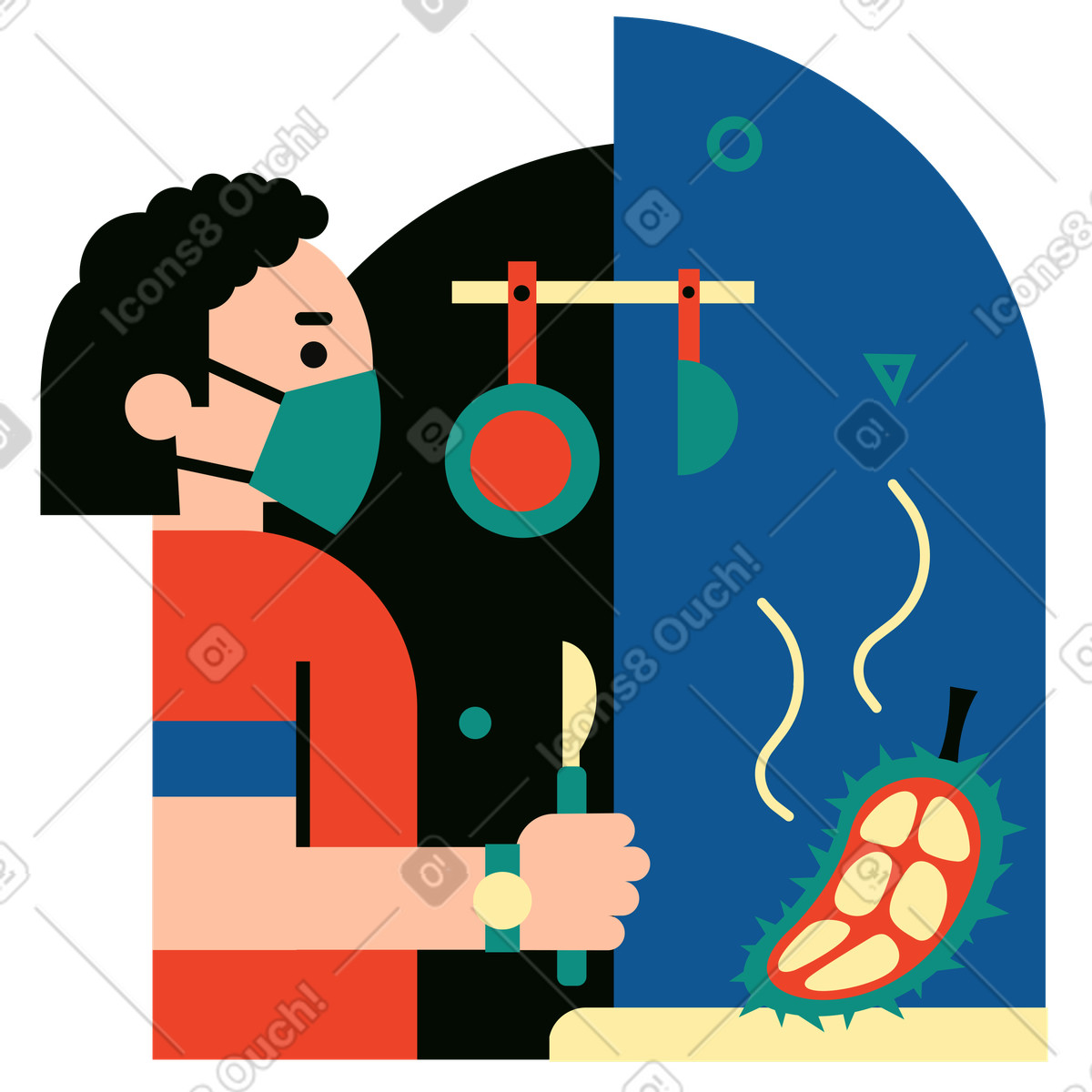 Ilustração de Homem com máscara cortando durião em no estilo Polar para baixar em PNG, SVG