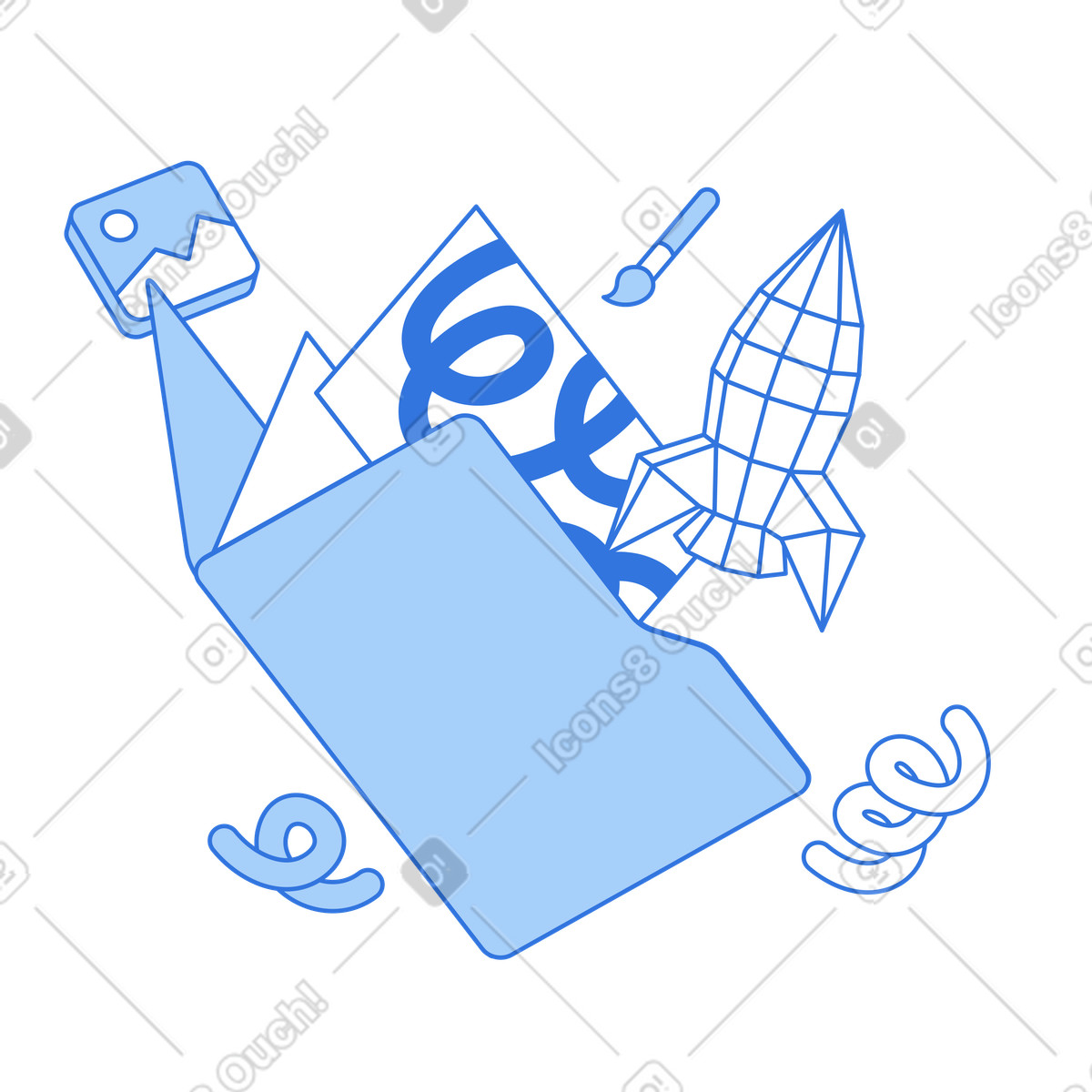 Illustration Portfolio créatif avec illustrations et modèles 3d dans le style Sky à télécharger aux formats PNG, SVG