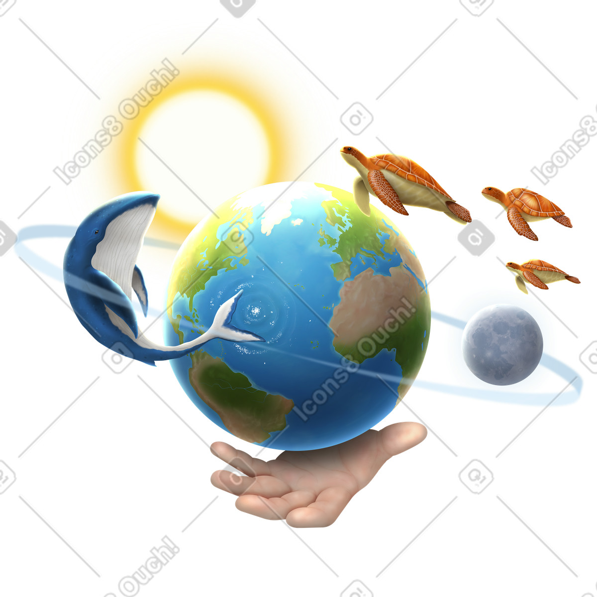 Hand holding the Earth with whale and turtles, Ecology and biodiversity conservation illustration in Props style download in PNG, SVG