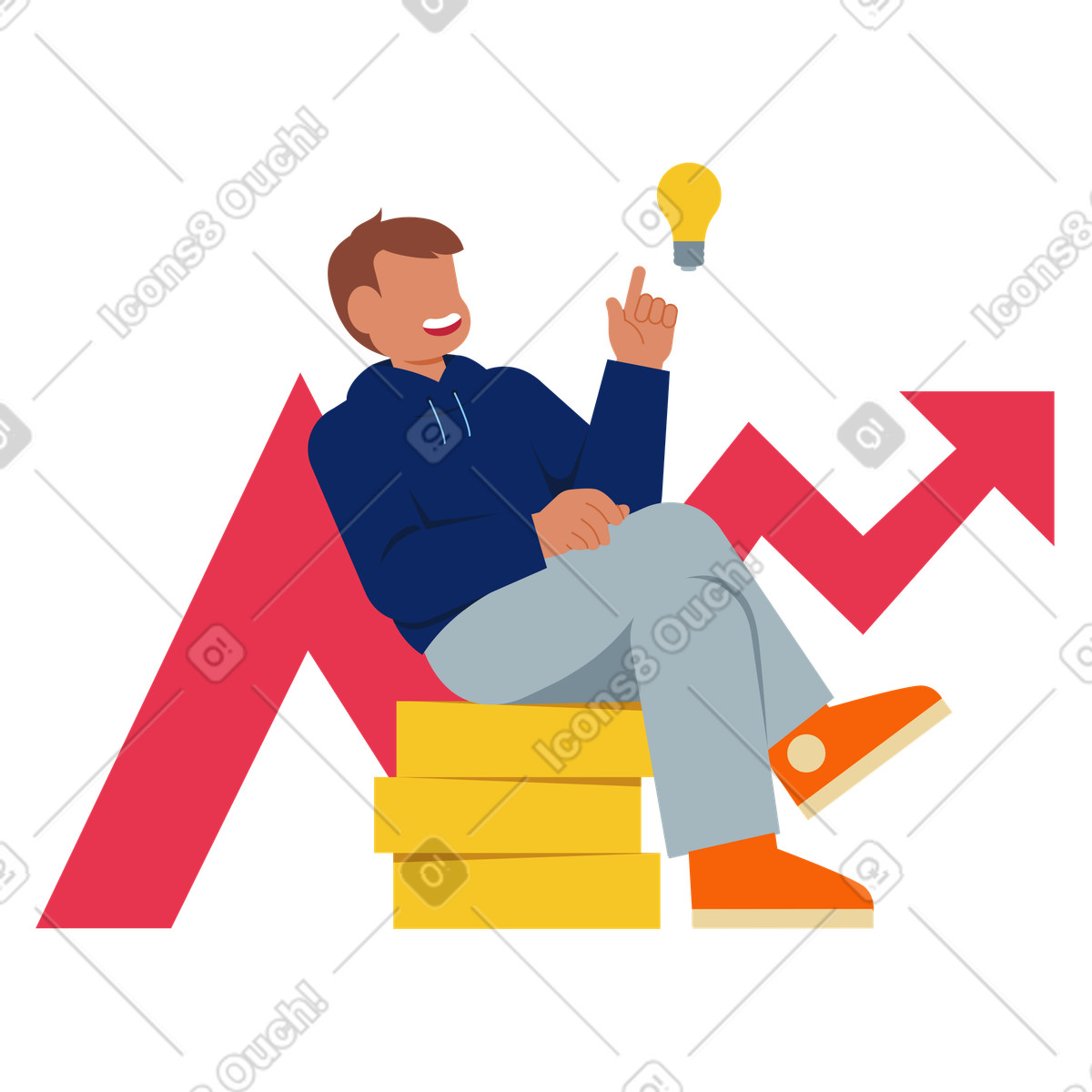 Illustration Personne assise sur des lingots d'or avec une flèche vers le haut, croissance financière et stratégie d'investissement dans style Catchy à télécharger aux formats PNG, SVG