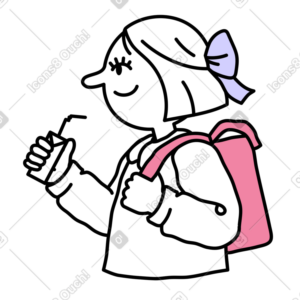 Girl with a backpack drinking juice illustration in Notes style download in PNG, SVG