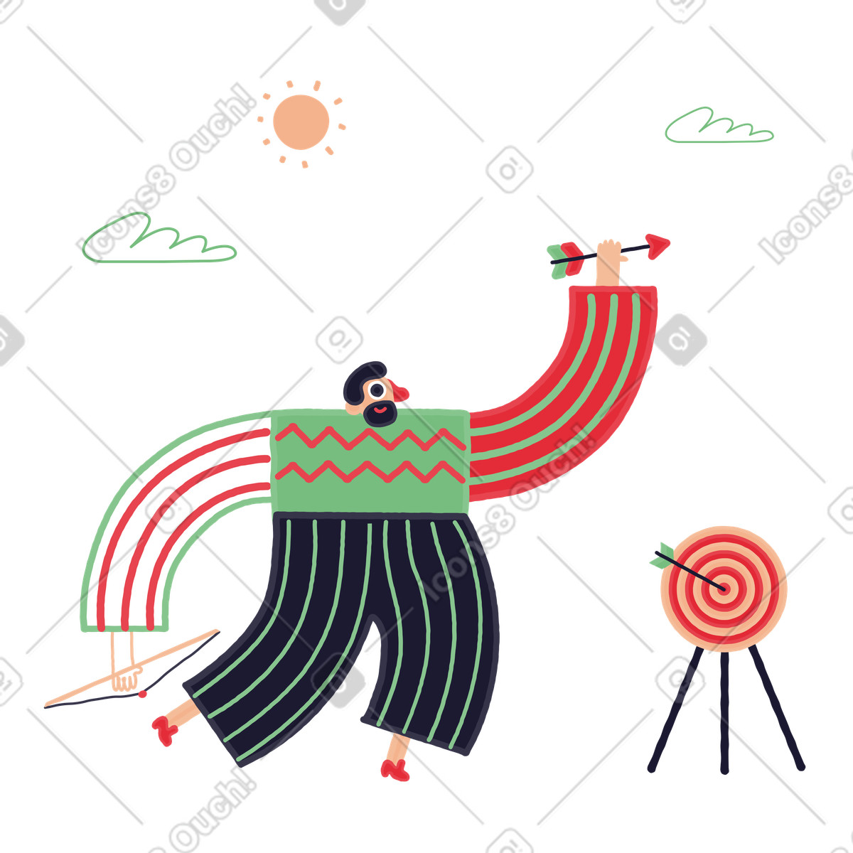 Иллюстрация Мужчина стреляет из лука в цель стиле Stripy — скачать форматах PNG, SVG