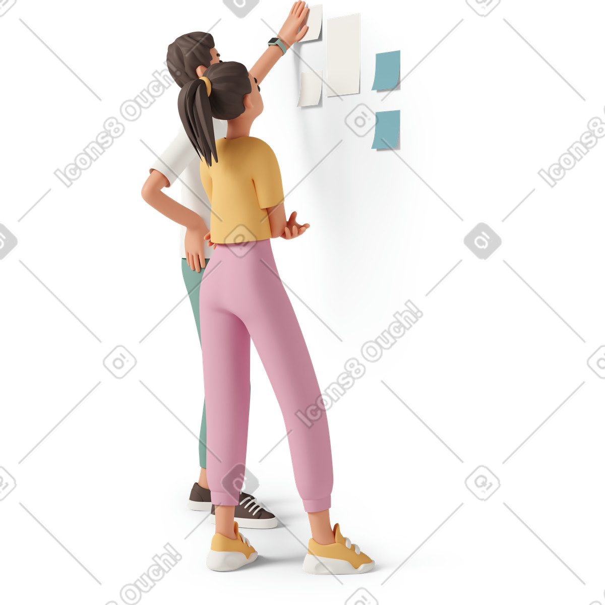 Three-quarter back view of young man and woman sticking notes on wall-Illustration im 3D Casual life-Stil als Download in PNG, SVG