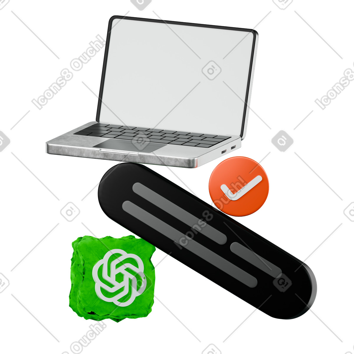 Laptop mockup balancing on message and ChatGPT icon illustration in 3D Platforms style download in PNG, SVG