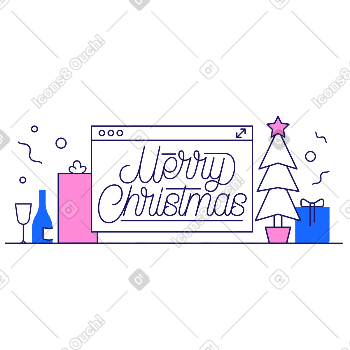 Ilustração de Lettering feliz natal no navegador com presentes e árvore em estilo Matey para baixar em PNG, SVG