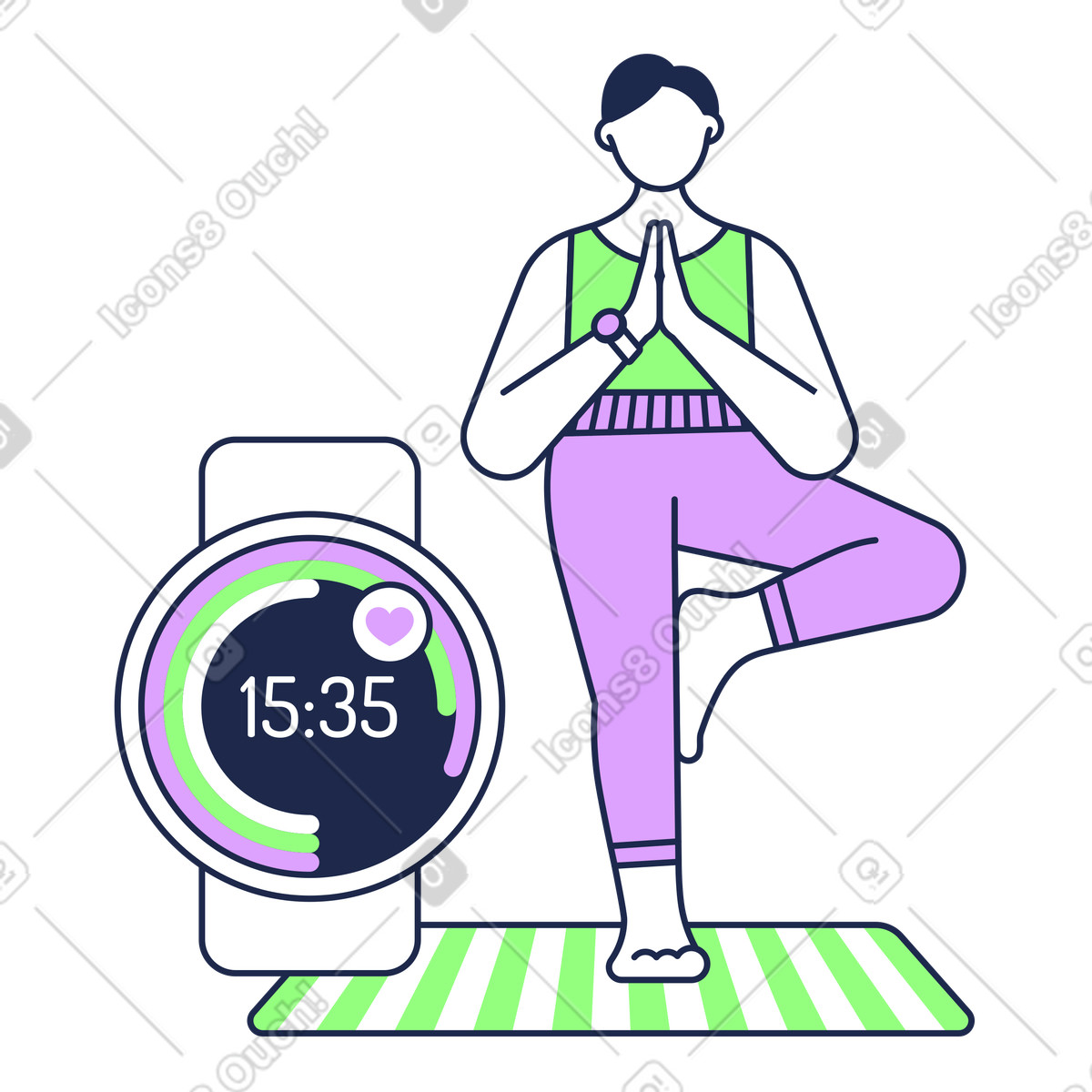 Person with smartwatch in tree pose on yoga mat, fitness tracking and wellness illustrazione animata stile Outline scaricabile GIF, Lottie (JSON), AE