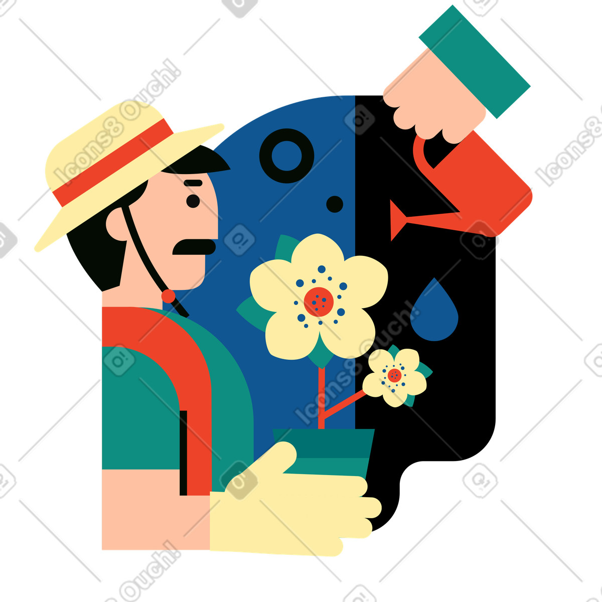 Ilustración Jardinero sosteniendo una flor en maceta regándola estilo Polar a descargar PNG y SVG