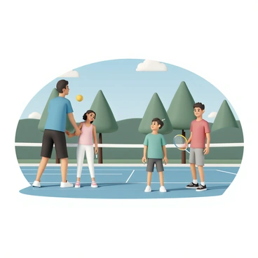 A family of four playing tennis together on a neighborhood court. The father, wearing a blue t-shirt and black shorts, is serving the ball. The mother, in a pink tank top and white leggings, is positioned at the net, ready to intercept the ball. The young daughter, sporting a green t-shirt and shorts, is standing to the side, holding a tennis racket and smiling. The teenage son, dressed in a red t-shirt and gray shorts, is preparing to return the serve from his father. The neighborhood court is surrounded by green trees and a clear blue sky. The family looks joyful and engaged in their game.