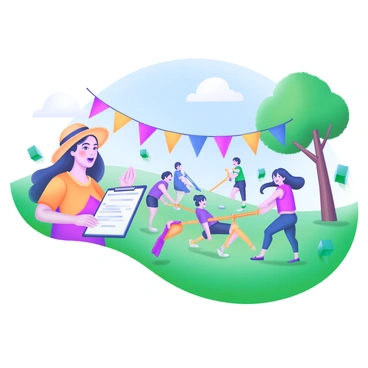 A vibrant outdoor scene depicting an "event planner" energetically leading a team-building activity. The planner is a woman with a clipboard, wearing a colorful shirt and a sun hat, showing excitement. Around her, groups of "participants" are engaged in various "games" such as a three-legged race and a tug of war. Laughter is evident on the faces of the participants, who are dressed in casual, colorful clothing. Bright green grass covers the ground, and a clear blue sky is overhead. In the background, a few trees provide shade, and colorful banners are strung between them, creating a festive atmosphere.