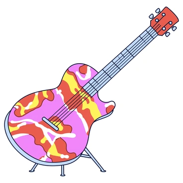 A guitar with a body featuring a vibrant design of crispy bacon patterns. The guitar's neck is smooth and slightly glossy, showcasing the intricate detailing of the bacon strips. The strings are silver and taut, reflecting light. The guitar is displayed on a simple stand, allowing the unique bacon-inspired artwork to be the focal point.