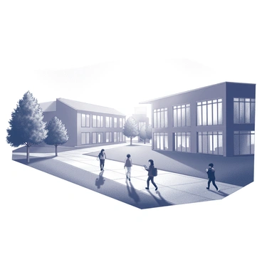 The BCU campus features a series of modern buildings with clean lines and expansive windows. The architecture reflects a contemporary style, showcasing pathways lined with well-maintained greenery. In the scene, several students are walking along the paths, some engaged in conversation while others are looking at their devices. The sun is low on the horizon, casting long shadows and creating a warm glow on the surfaces. The trees surrounding the campus are creating a natural frame, enhancing the atmosphere of the bustling environment.