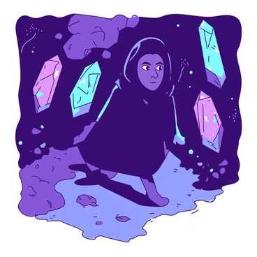 A figure wearing a dark cloak is walking cautiously through a mystical cave. The cave walls are adorned with large, vibrant crystals that emit a soft glow in shades of {color_1} and {color_2}. The crystals are various shapes and sizes, reflecting light on the damp walls of the cave. The ground is uneven, with small rocks and shimmering mineral deposits scattered throughout. The person's face is partially illuminated by the ethereal light from the crystals, revealing a look of wonder and curiosity. A faint mist swirls around their feet, adding an air of mystery to the exploration.