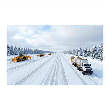 A snow-covered runway stretches across the scene, blanketed in a thick layer of white snow. Several maintenance vehicles, including a large snowplow and smaller utility trucks, are actively clearing the path. The snowplow has a bright yellow blade, pushing snow to the sides. The utility trucks are equipped with salt spreaders, releasing a line of salt onto the icy surface. In the background, a cloudy sky looms, hinting at more snowfall. The entire scene is set amidst a winter landscape, with snow-dusted trees lining the edges of the runway.