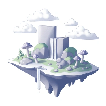 A floating island suspended in the air, surrounded by clouds. The island features several waterfalls flowing upward, creating the illusion of water cascading into the sky. Various mushrooms of different sizes and shapes dot the landscape, adding an interesting texture. The scene includes lush greenery and rocks that form the island's surface, enhancing the overall whimsical nature of the setting.