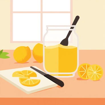 A kitchen scene featuring a wooden table covered with various items for making yuzu jam. A glass jar filled with golden yuzu jam is open, revealing a spoon resting inside. Fresh yuzu fruits, with their bright yellow color and textured skin, are scattered around the table. A chopping board with some yuzu halves and a sharp knife is also visible. In the background, a window lets in natural light, highlighting the vibrant colors of the ingredients, creating a warm and inviting atmosphere in the kitchen.