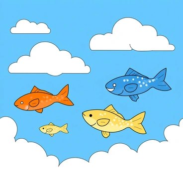 A vibrant scene with several colorful fish swimming gracefully among soft, fluffy white clouds. The fish are in various shades of orange, blue, and yellow, with shimmering scales reflecting light. The sky is a bright azure, creating a striking contrast with the white clouds. The clouds are billowy and fluffy, adding a whimsical touch to the scene. Each fish is depicted with playful expressions, and their fins appear to flutter as they glide through the air.
