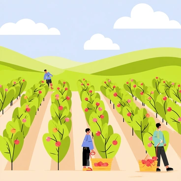 A coffee farm with neatly arranged rows of green coffee plants, each adorned with clusters of bright red ripe coffee cherries. The landscape features a vibrant blue sky with fluffy white clouds above. Sunlight illuminates the scene, casting soft shadows on the ground. In the background, rolling hills covered with lush greenery create a sense of depth. A few workers are visible, carefully picking cherries from the plants, their baskets overflowing with the bright red fruit.