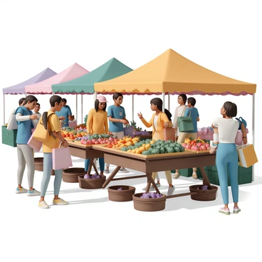 A bustling farmers market filled with a variety of colorful fruits and vegetables displayed on wooden tables. Bright red tomatoes, yellow bell peppers, green cucumbers, and purple eggplants create a vibrant scene. Local shoppers of different ages and backgrounds are engaged in joyful conversations while selecting fresh produce. Some are holding shopping bags filled with their purchases, while others are pointing at the items on display. Brightly colored tents provide shade for the vendors, adding to the lively atmosphere of the market.