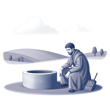A weary traveler sitting on the ground next to a stone well. The traveler is wearing a worn-out cloak and has a backpack beside them. Their face shows signs of fatigue from a long journey. In the background, there is a landscape featuring rolling hills and a few scattered trees. The sky above is vast, with a few clouds drifting. The scene captures a moment of pause in the midst of nature, emphasizing the traveler’s solitude.