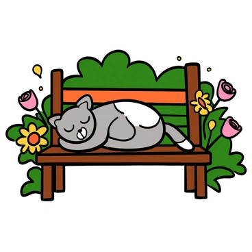 A fluffy cat with light grey fur and white patches is napping peacefully on a wooden garden bench. The bench is illuminated by warm sunlight, creating a soft glow around it. Colorful flowers, including pink roses and yellow daisies, are blooming around the bench, adding vibrant splashes of color to the scene. The cat is curled up, with its paws tucked under its body and its whiskers gently resting on the bench. The background features lush green foliage, enhancing the tranquil and serene atmosphere of the garden.