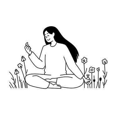 A person sitting cross-legged in a meadow filled with wildflowers. The individual has long hair flowing freely and is wearing a casual shirt and pants. Around them, various types of wildflowers are blooming, each with distinct shapes and sizes. The person has a content expression, gazing at the flowers, with a gentle breeze ruffling their clothing. In the background, a few trees can be seen, adding to the natural setting of the scene.
