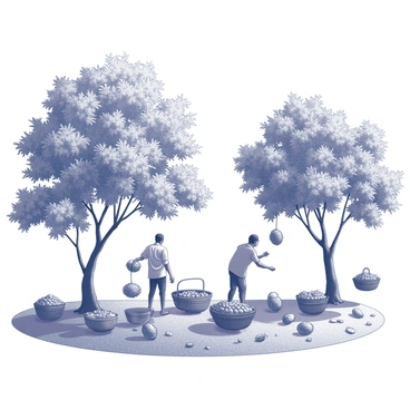 A lush tamarind farm under bright sunlight. The landscape features tall, leafy tamarind trees, their branches heavy with ripe pods. Several workers are seen engaging in the harvest, using both hands to pluck the pods from the trees. Baskets overflowing with freshly harvested tamarinds are scattered across the scene, some resting on the ground and others held by the workers. The ground is dotted with fallen pods, adding to the busy atmosphere of the farm.