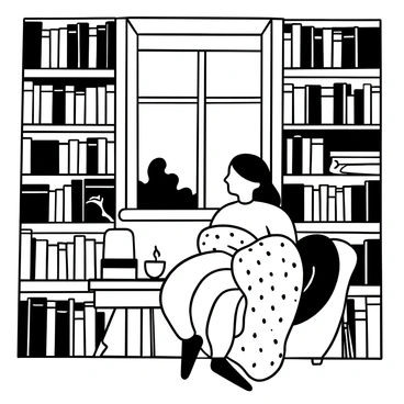 A woman seated in a comfortable reading nook, surrounded by tall bookshelves filled with numerous books. She is wrapped in a thick, textured blanket that drapes over her lap. A steaming cup of tea sits on a small table beside her, alongside a stack of books. A reading lamp casts a soft light over the nook, creating a snug atmosphere. A window with sheer curtains reveals the outlines of trees outside.