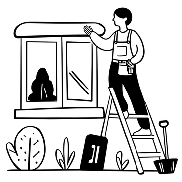 A handyman wearing a work apron, tools hanging from it, is carefully installing a new piece of glass into a wooden window frame. He is standing on a ladder, focused on aligning the glass perfectly. Light filters through the glass, casting subtle shadows. In the background, a well-kept garden is visible, featuring neatly trimmed hedges and various plants arranged in rows. A few garden tools are scattered nearby, hinting at recent activity. The scene illustrates a bright, sunny day with clear skies above.