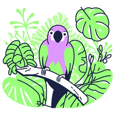 A parrot with bright, detailed feathers is perched on a branch in a lush tropical rainforest. The parrot is facing directly towards the viewer, showcasing its distinct beak and vibrant plumage. Surrounding the branch are large, green leaves and various types of foliage, creating a dense backdrop. In the background, more greenery is visible, hinting at the depth of the rainforest. The scene is filled with intricate details, including patterns on the leaves and the texture of the branch.