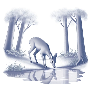 A roe deer bending down to drink from a calm forest stream. The deer has a slender build and is depicted with light fur and delicate features. Surrounding the stream, there are several trees with lush foliage providing shade. The ground is covered with soft grass and various plants, enhancing the natural setting. The water in the stream reflects the surrounding greenery, creating a peaceful atmosphere.