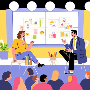 An illustrator sitting on a stage in front of a large audience, speaking into a microphone. The illustrator has wavy brown hair and is wearing glasses. A colorful array of art supplies, including markers and sketchbooks, are arranged on a small table beside them. Behind the illustrator, there is a large screen displaying some of their illustrations, showcasing vibrant characters and scenes. A talk show host, wearing a suit, is seated across from the illustrator, nodding and smiling as they engage in conversation. The set is brightly lit, with studio lights and a cheerful atmosphere.