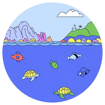 An illustration of ancient seas over subduction zones millions of years ago. The scene shows a vast ocean with deep blue water, gently rippling waves. In the foreground, colorful marine life including a variety of fish and sea turtles swims near the surface. Above the water, large volcanic islands rise from the ocean, with rugged cliffs and lush greenery. The sky is bright with a few fluffy clouds, providing a contrast to the vibrant colors of the sea and islands. In the background, an underwater landscape can be seen with coral reefs and unique rock formations, hinting at the geological activity of the subduction zones below.