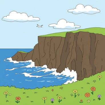 Dramatic cliffs rise steeply along the coastline of Cornwall, with rugged brown and grey rock formations jutting out towards the blue sea. The waves crash against the base of the cliffs, sending white froth spraying into the air. In the foreground, green grass and vibrant wildflowers scatter across the cliff tops, swaying gently in the breeze. The sky is filled with fluffy white clouds, casting playful shadows on the landscape, while seagulls can be seen gliding effortlessly above the water. The scene emanates a sense of grandeur and natural beauty along the coast.