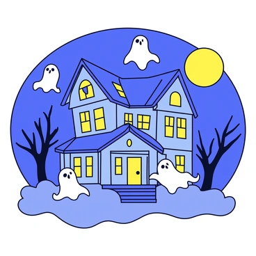 A spooky haunted house with multiple stories and a crooked roof. The house has broken windows with tattered curtains blowing in the wind. Ghostly figures with flowing white sheets are hovering around the entrance. There are flickering lights coming from inside the house, casting shadows on the front porch. The surrounding area is filled with bare trees and thick fog, creating an eerie atmosphere. A full moon is visible in the night sky, illuminating the scene.