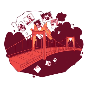 A nostalgic scene of a burning bridge, with old photographs floating in the air