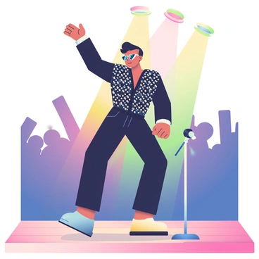 A male performer with pompadour hairstyle and sunglasses is on stage, showcasing a signature dance move. He is wearing a sparkling black jumpsuit adorned with rhinestones, catching the stage lights. His right arm is lifted high, and his left leg is extended, creating a dynamic pose. The background features blurred silhouettes of cheering fans, and colorful spotlights are illuminating the stage. A microphone stand is positioned beside him, and the wooden stage appears polished and shiny under the bright lights.