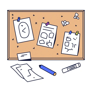 A bulletin board filled with concept sketches. The sketches are pinned with colorful push pins, featuring various designs and ideas for a blog post. Some sketches include rough outlines, while others are more detailed illustrations. The board has a wooden frame with a cork surface. A few stray pieces of paper and a marker are scattered nearby, indicating ongoing work and creativity.