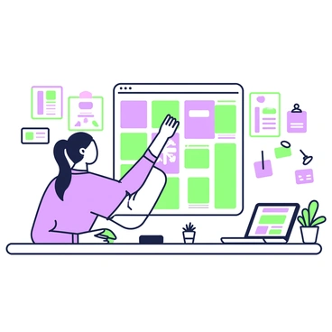 A person is sitting at a desk in a well-lit workspace, focused on organizing a collage of social media content on a large digital screen. The person has long hair tied back and is wearing a casual shirt. They are using both hands to drag images into place, ensuring a cohesive layout. Around the workspace, there are colorful sticky notes with various ideas pinned to a corkboard. A laptop is open to the right, displaying a social media dashboard. There are several small potted plants on the desk, adding a touch of greenery to the environment.