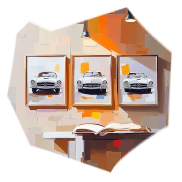 A series of framed black and white photographs showcasing classic cars is displayed on a rustic shop wall. Each photograph captures a different vintage car, highlighting their unique designs and curves. The frames are varied in style, with some being ornate and others simple, creating an eclectic gallery aesthetic. The wall itself has a warm, worn texture, enhancing the nostalgic feeling of the classic cars in the images. The lighting casts soft shadows, adding depth to the composition of the framed photographs.