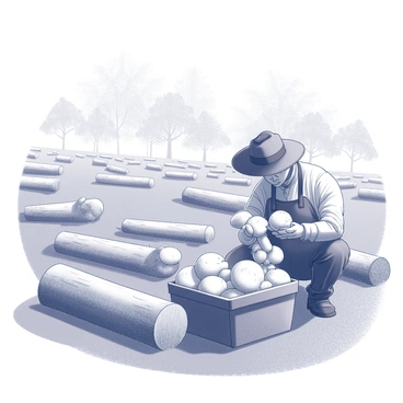 A farmer in a field surrounded by logs, each with clusters of shiitake mushrooms growing on them. The farmer, wearing a wide-brimmed hat, is kneeling beside a wooden basket that is filled with freshly picked shiitake mushrooms. The basket is brimming with the rounded caps and stems of the mushrooms. The farmer's hands are gently handling one of the mushrooms, showcasing its texture and shape. Sunlight is filtering through the trees above, creating distinct shadows on the ground.