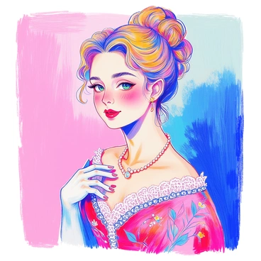 A vintage portrait features an elegant woman with an intricate updo hairstyle adorned with delicate hairpins. She has captivating green eyes, framed by long lashes, and her lips are painted a soft red. The woman is wearing a gown with intricate lace details and a subtle floral pattern, which enhances her graceful silhouette. She is posed against a softly shaded backdrop that complements her attire, with a gentle light highlighting her features. A pearl necklace rests elegantly around her neck, adding a touch of sophistication to the overall composition.