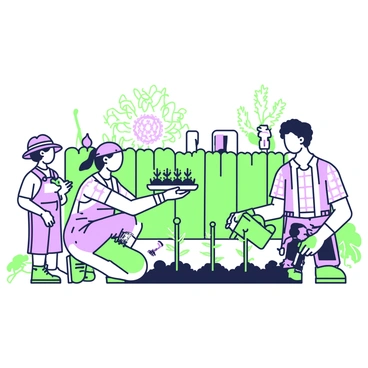 A family is working together in their backyard garden to stake vegetables. In the foreground, a father is kneeling beside a row of young tomato plants, carefully driving a green stake into the ground next to each plant. He is wearing a checkered shirt and gardening gloves. Beside him, a mother is holding a tray filled with small seedlings, preparing to plant them in a newly dug patch of soil. She is wearing a sun hat and overalls. Two children are helping as well; one child is holding a watering can, ready to water the newly planted vegetables, and the other is using a small shovel to dig around another plant. Behind them, a wooden fence encloses the garden, and various gardening tools are scattered around the area.
