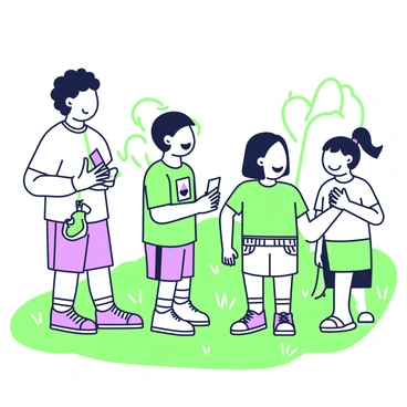 A group of three children is gathered in a sunny park, engaged in a game where they pretend to show "ID cards" to each other. One child, a boy with curly hair, holds an imaginary card in his hand and is smiling as he "checks" the ID of a girl next to him. The girl, wearing a bright t-shirt and shorts, giggles as she pretends to present her "ID". The third child, a girl with pigtails, is watching with a look of excitement, holding her hands together in anticipation. Around them, the grass is green and there are a few trees in the background, creating a lively atmosphere. 