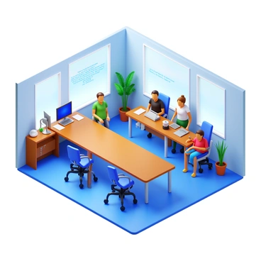 A wheelchair-accessible office interior featuring spacious workstations. There are diverse employees, including a person in a wheelchair, collaborating at a large conference table. Various computer desks are equipped with ergonomic chairs and adaptive technology. Large windows allow natural light to fill the space, highlighting a wall with motivational quotes. Potted plants are placed around the office, adding a touch of greenery to the environment.