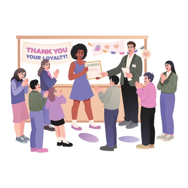 A store event taking place with a lively atmosphere. In the center, a customer is standing proudly as they receive a certificate for their loyalty. The customer is a woman with medium skin and curly black hair, wearing a bright blue dress and holding the certificate in her hands. She has a wide smile on her face. To her right, a store manager, a man with light skin and short brown hair, is handing over the certificate while wearing a professional outfit with a name tag. Behind them, there are colorful decorations and a banner that says "Thank You for Your Loyalty!" in bold letters. A small group of other customers is gathered nearby, clapping and cheering in celebration.
