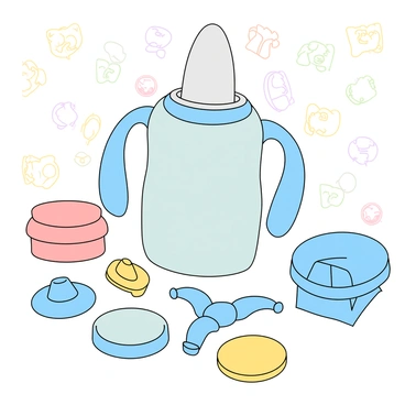 A unique breast pump design is displayed prominently in the center of the image. The pump is shaped like a smooth, rounded shell with a soft-touch surface finish in pastel colors, primarily in light blue and pale pink. There are comfortable, contoured handles on either side, designed for easy gripping. The pump features a transparent milk collection container that is ergonomically angled for optimal use. A flexible silicone flange is attached, providing a snug fit while ensuring comfort. Surrounding the pump are various colorful accessories, such as lids and storage bags, all neatly arranged. In the background, there is a playful pattern of baby-related items, like pacifiers and plush toys, enhancing the overall theme of parenting and practicality.