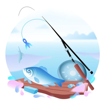 A close-up of a fishing rod with a shiny reel, featuring a bright blue fish caught on the line. The fish is glistening in the sunlight, showcasing its vibrant scales. Surrounding the fishing gear are various elements like fishing lures and a small tackle box, all arranged on a wooden surface. The background features a blurred image of a serene water body, enhancing the focus on the fishing gear and the fish.