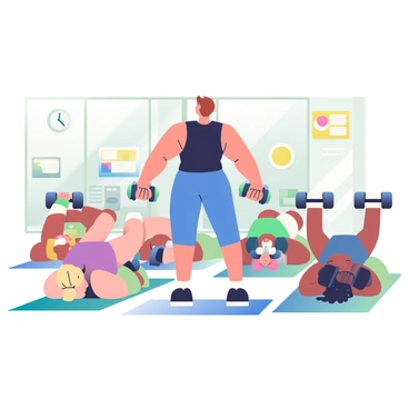 A fitness instructor with short brown hair is standing at the front of a bright, spacious gym, demonstrating the dumbbell chest press exercise. The instructor is wearing a black tank top and blue leggings. In front of the instructor, a diverse group of six individuals is lying on exercise mats, each with a pair of dumbbells in their hands. The participants include a woman with curly black hair, a man with a shaved head, and another woman with straight blonde hair. They are all engaged in the workout, focusing on lifting their dumbbells towards the ceiling. The gym has large windows that let in natural light, and colorful workout posters are visible on the walls. A large clock on the wall shows the time as the class progresses.