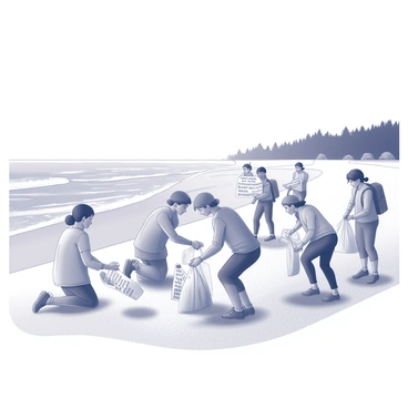 A beach scene during a community clean-up event. Several individuals are engaged in picking up litter from the sandy shore. They are wearing casual clothing suitable for outdoor work. Some participants are kneeling or bending down to gather trash, while others are walking along the beach with bags in hand. Each person is holding a sign that promotes eco-friendliness, with slogans written in clear letters. The background features gentle waves lapping against the shore and a distant line of trees, emphasizing the natural setting. The sky above is vast and clear, creating a sense of openness in the scene.