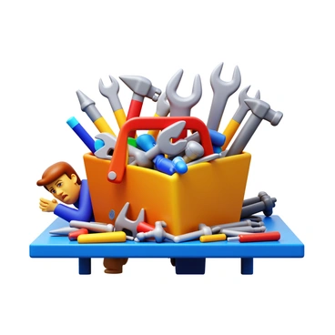 A toolbox overflowing with various hand tools such as hammers, wrenches, screwdrivers, and pliers, all sticking out at odd angles. The toolbox is situated on a workbench scattered with additional tools and materials. A handyman is bent over, looking frustrated as he searches through the chaotic assortment of tools, with a furrowed brow and an expression of concentration on his face. The overall scene conveys a sense of disarray and urgency as the handyman tries to locate a specific tool among the clutter.